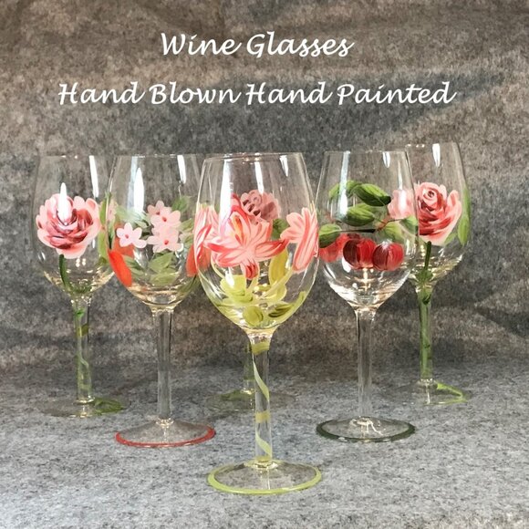 Wine Glasses Hand Blown Hand Painted Set of 6 - Picture 1 of 7